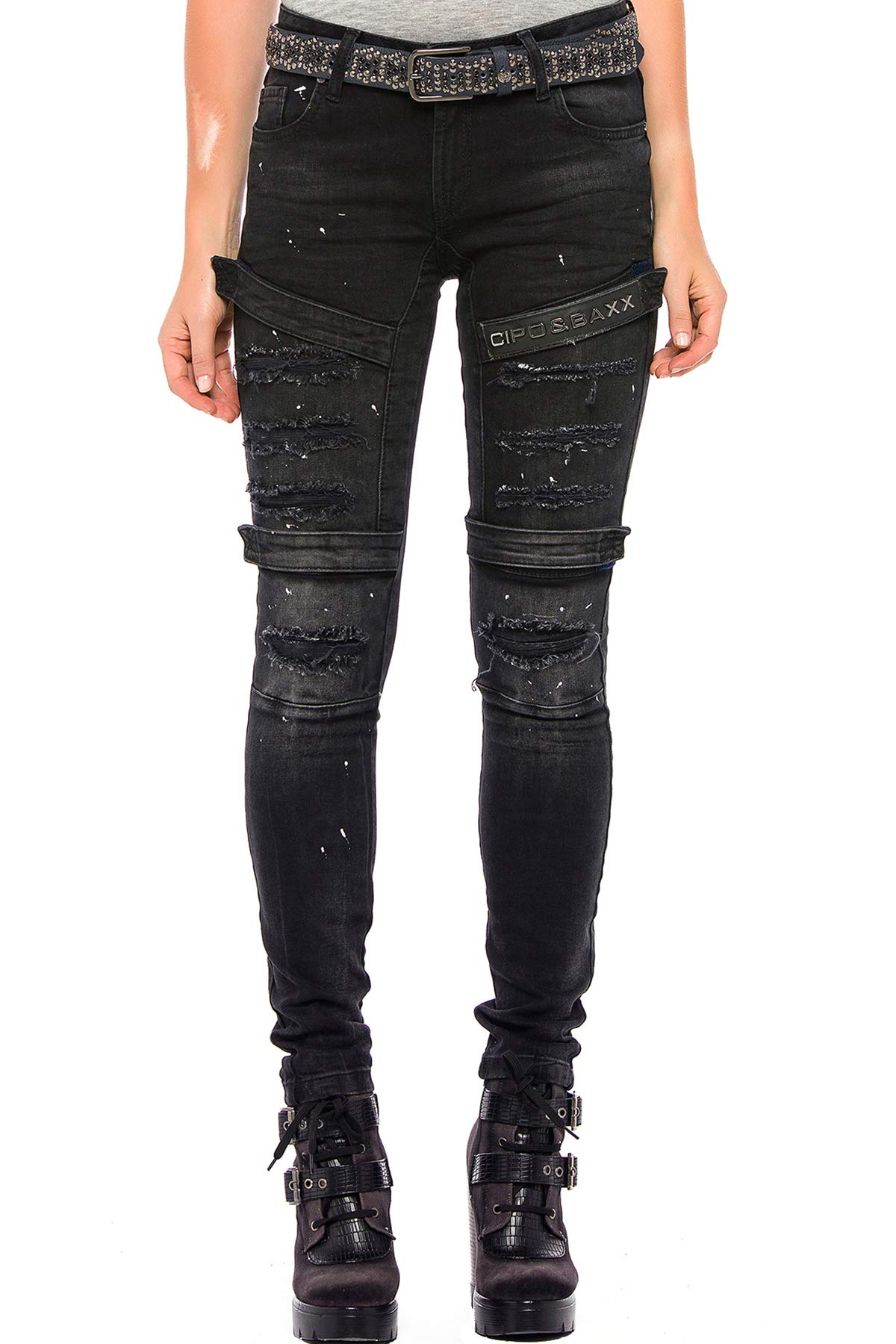 Cipo & Baxx Damen Jeans Hose Destroyed Ausgefallen Denim Biker Jeans Slim Fit Design Pants Jeanshose Schwarz W27 L32