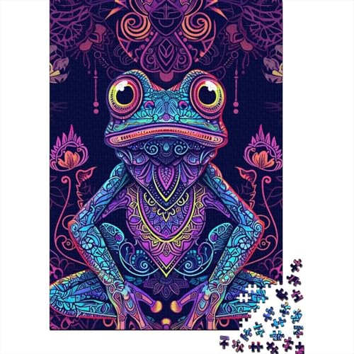 Bunter Frosch aus Holz für Erwachsene und Jugendliche von Adult Jigsaw Puzzles 1000 Teile, Holzpuzzle für Erwachsene und Jugendliche 29,53x19,69 Zoll