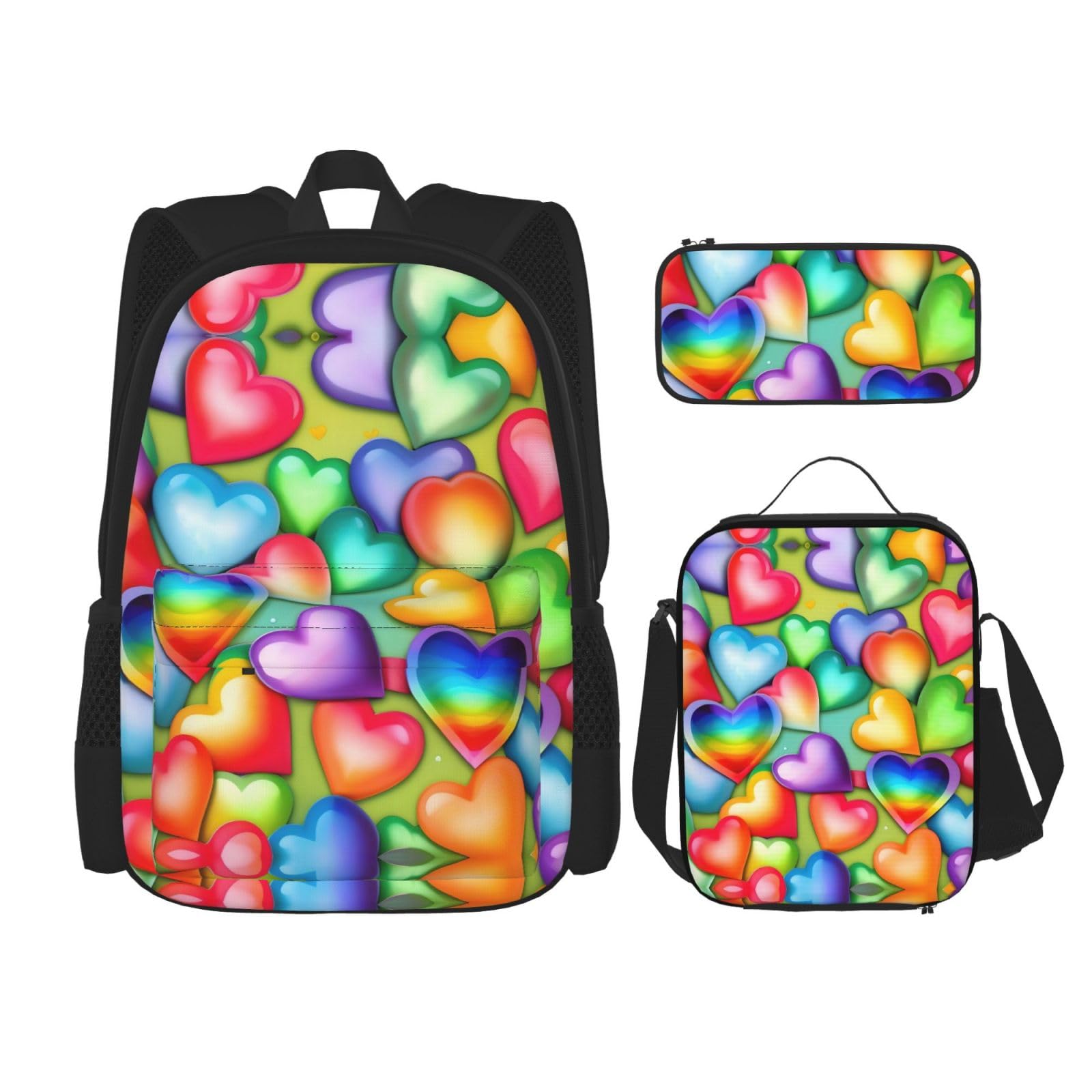 WURTON Reise-Lunchbox mit Regenbogen-Herzen, Federmäppchen, Rucksack-Set, 3-teilig, verstellbare Riemen, leicht, Schwarz, Einheitsgröße