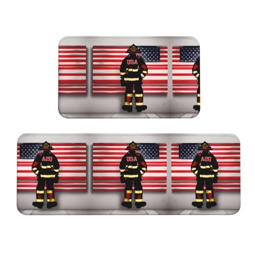 YQxwJL Küchenteppich, Motiv: Feuerwehrmann, USA-Flagge, rutschfest, 2 Stück, bequeme Stehmatten für Küche, Büro