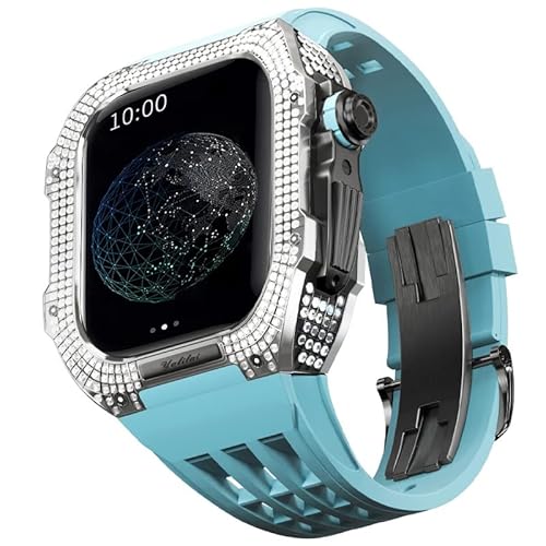 KANUZ Uhren-Modifikationsset, Luxus-Uhrenarmband-Set für Apple Watch 8 Ultra, 45 mm, luxuriöses Viton-Armband, Titangehäuse für iWatch 7, 8, 45 mm, Upgrade-Modifikation (Farbe: Blau 8, Größe: 45 mm)