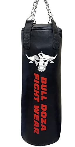 BULL DOZA FIGHT WEAR Selbstbefüllbarer Hochleistungs-Boxsack – mit hängenden Ketten, Wirbel, Karabiner – für MMA, Boxen, Kickboxen, Muay Thai, Taekwondo, Kampfsport (Schwarz, XL Tank 4FT)