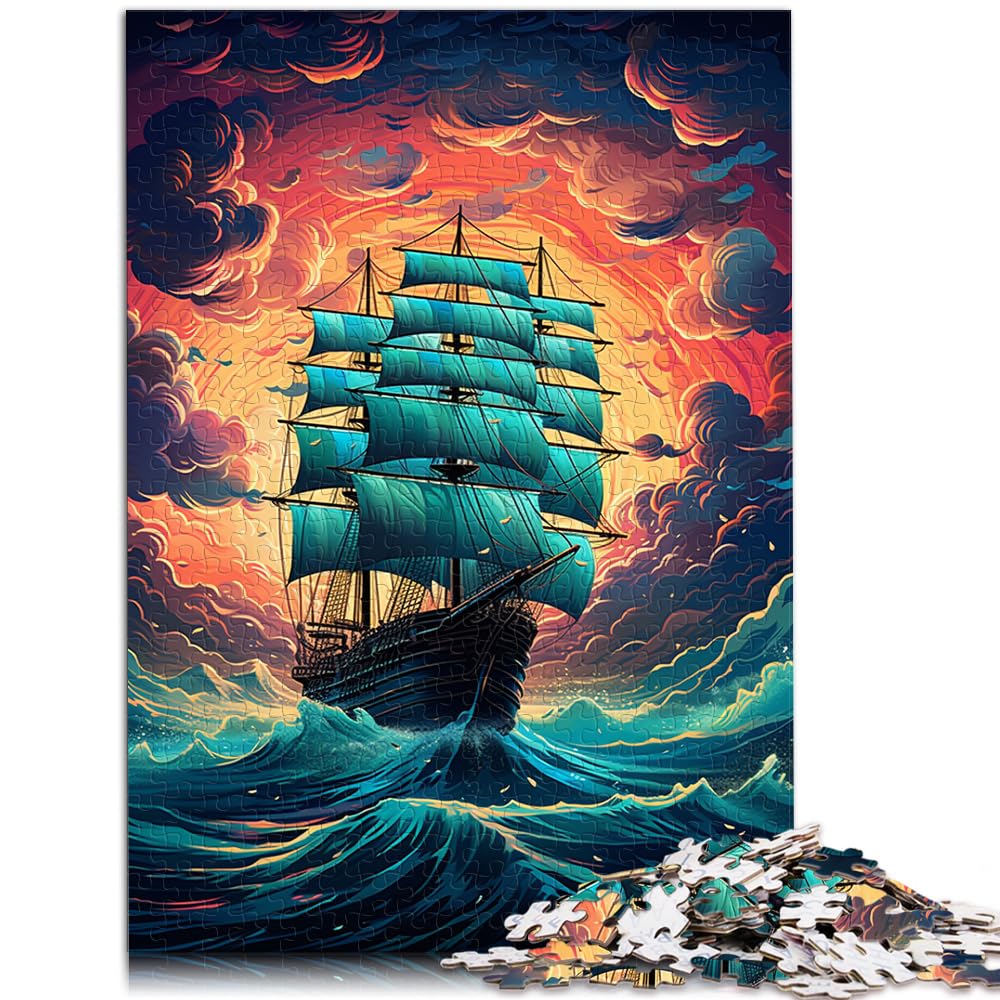 Puzzle für farbenfrohe, psychedelische Ansicht eines Schiffes im stürmischen Ozean. Puzzle für Erwachsene mit 1000 Teilen. Holzpuzzle. Viel Spaß beim Spielen für 1000 Teile (50 x 75 cm).