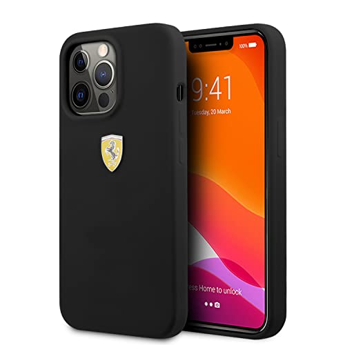 Ferrari Handyhülle für iPhone 13 Pro Max in Schwarz mit Mikrofaser-Innenseite, Silikon glatt & kratzfest Schutzhülle mit einfachem Schnappverschluss, Stoßdämpfung & Signatur-Logo