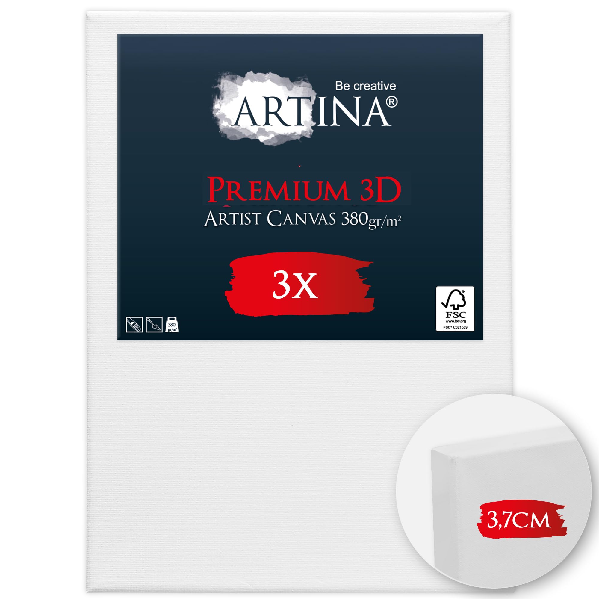 Artina 3er Set 3D Leinwand 50x70cm – Bespannt auf stabilem FSC® Keilrahmen, verzugsfrei, 3-fach weiß vorgrundiert, Premium Qualität, 100% Baumwolle, 380 g/m² – Künstlerbedarf