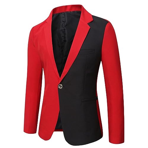 CuLtP Anzugjacken Für Herren,Leichter Herren Blazer, Patchwork, Kontrastfarbe, Slim Fit Jacke, Blazer Mit Einem Knopf, Strickjacke, Legerer Business Anzug, Sportmantel, Smoking Blazer, Rot, Xs