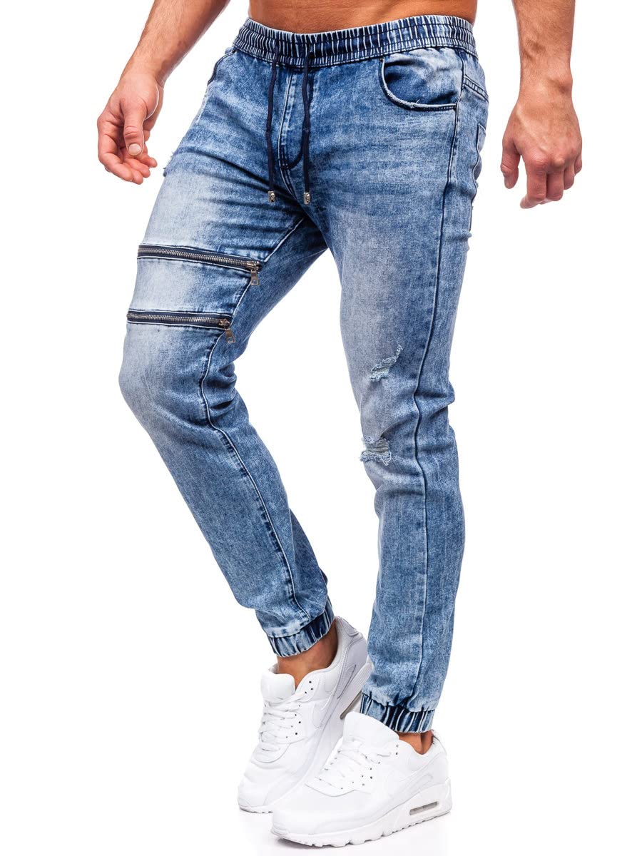 BOLF Herren Jeans Jogger Cargohose Denim Style Sweathose Jogg Used Look Jeanspants Destroyed Freizeit Casual Style Slim Fit Narrow Leg MP0095BS Dunkelblau L [6F6]