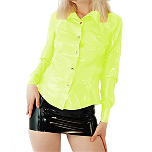 Bürodame, Herbst, PVC, figurbetont, langärmelig, Oberteil, PU-Leder, Hemden, Oberteil, Knopfleiste, elastische Jacke, Bluse, fluoreszierendes Grün, M