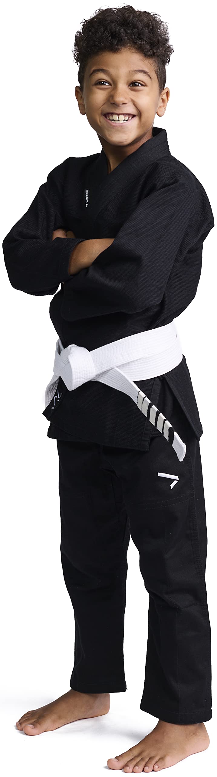 IPPONGEAR Brazilian Jiu Jitsu Kinder/Einsteiger Anzug inkl weißem Gürtel [M000 I Pearl-Weave Material I 350gr/m² Stoffdichte I Reißfest] schwarz