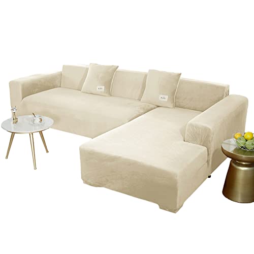 JHLD Sofabezug L Form, Stretch Sofabezug Samt L-förmiger Sofabezug Weiche Anti-rutsch Sofa Überwürfe Für Ecksofa-Beige-2 Sitzer+2 Sitzer