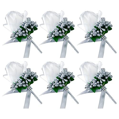 Armband Hochzeitsblumen, Brautjungfern -Armbandband, 6pcs Hochzeit Boutonniere Blume, Blume Revers Pin Boutonniere Corsage Accessoire Girls Männer künstliche Rosencors for Braut Bräutigam (Color : Wh