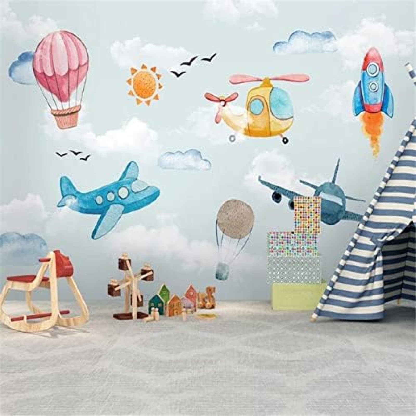 XLMING Einfache Handgemalte Cartoon Heißluftballon Flugzeug Kinderzimmer 3D Tapete Wohnzimmer Sofa Schlafzimmer Esszimmer Home Dekoration Wand-400cm×280cm