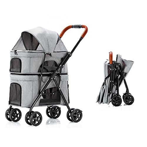 Haustier-Reise-Kinderwagen, doppelter Haustier-Kinderwagen for kleine mittelgroße Hunde und Katzen, einhändig faltbarer tragbarer Reiseträger, Grau (Color : Gris)