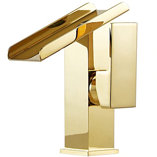 Fw Wasserfall Wasserhahn Bad Einhandmischer Waschtischarmaturen, Moderner Elegant Stil Messing Waschtischarmatur Kaltes Und Heißes Wasser Vorhanden, Keramikventil, Gold