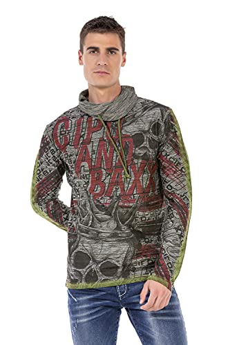 Cipo & Baxx Herren Longsleeve Totenkopf Schalkragen Allover-Print Langarmshirt Pullover Sweatshirt CL468 Anthracite XL