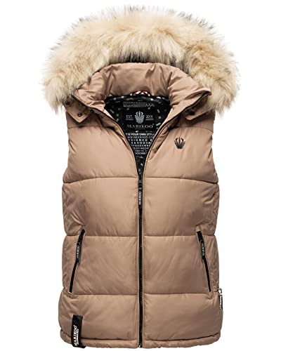 MARIKOO Damen Winter Weste Steppweste mit Kapuze und Fellkragen B896 [B896-Eisflöckchen-Offwhite-Gr.S]