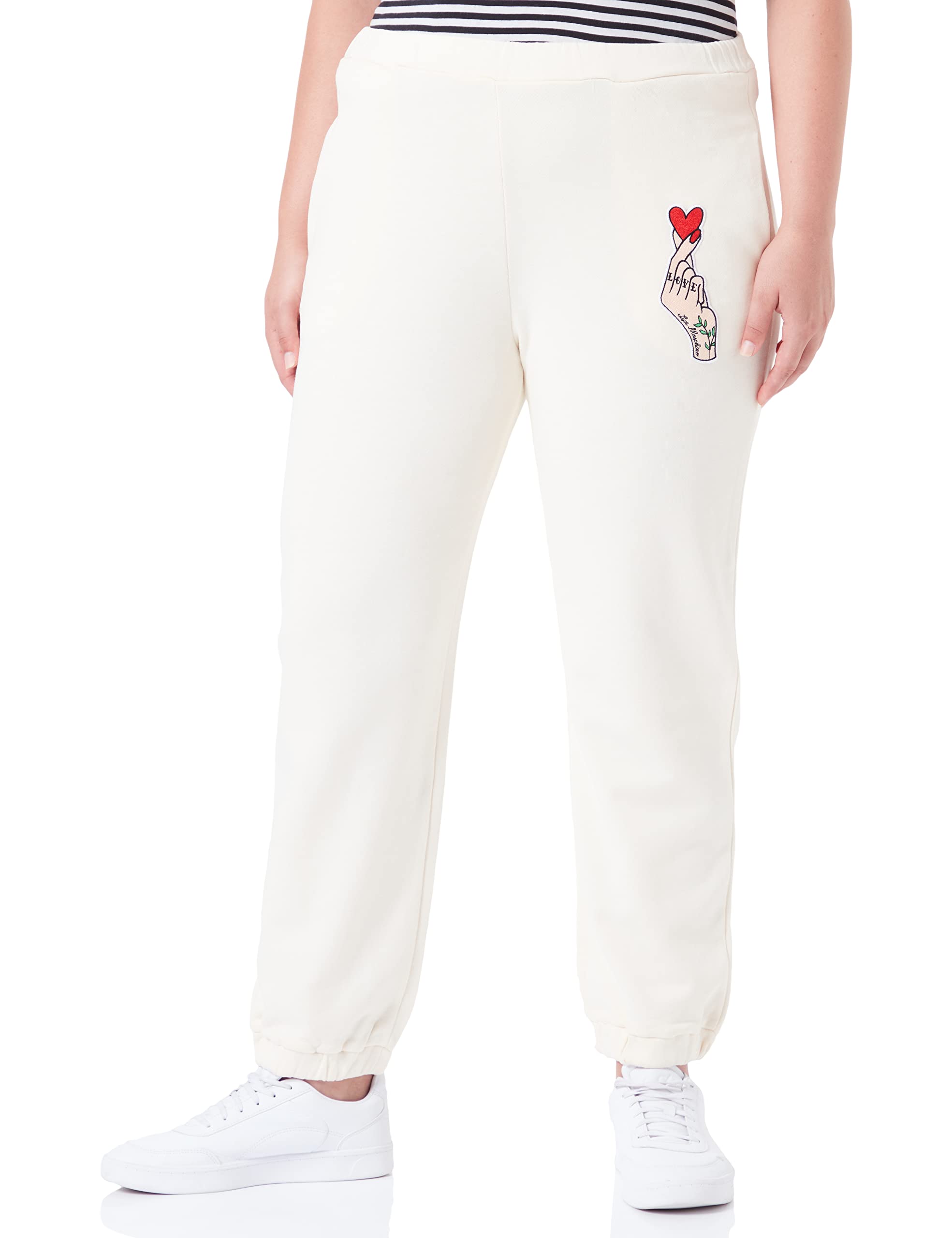 Moschino Damen Elastic Waist And Hems Personalised With Logo Embroidered Patch Casual Pants, Cream, 40 EU