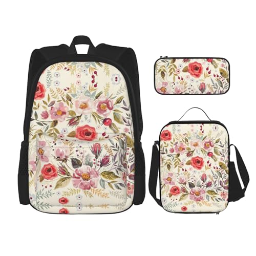 WURTON Moderner Rucksack mit Blumendruck, für Mädchen und Jungen, Schultaschen, Teenager, Lunchbox und Federmäppchen, 3-in-1-Büchertaschen-Set