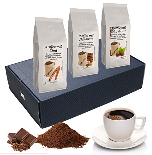 Geschenk Set Aromatisierter Kaffee Gemahlen 3 x 200 g (Zimt, Amaretto und Haselnuss)