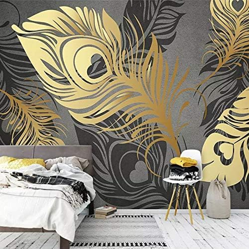 XLMING Elegante Abstrakte Goldene Graue Pfauenfedern Küche Esszimmer Arbeitszimmer Wohnzimmer TV Hintergrund Wand 3D Tapete-350cm×256cm