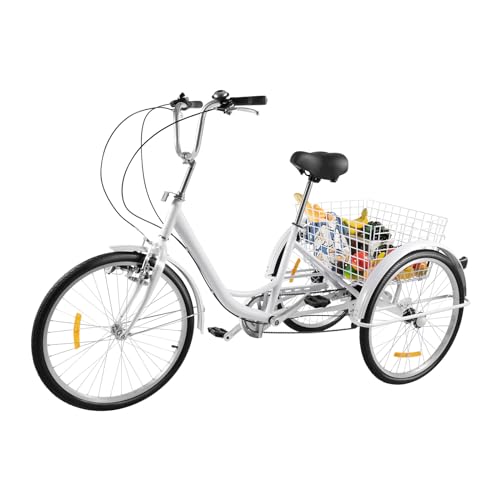 Fridgestea 24 Zoll Dreirad für Erwachsene, 3 Räder 6-Gänge Fahrrad Erwachsenendreirad Tricycle Bike mit Lampe Einkaufskorb für Damen Herren Senioren (Weiß)