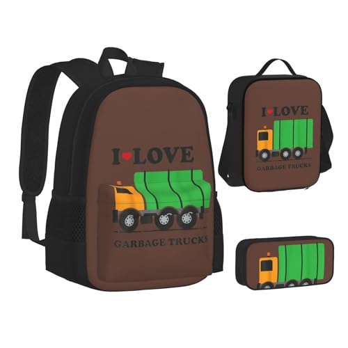 WURTON I Love Garbage Trucks Print Teen Rucksack Set von 3 in 1 (Federmäppchen + Schultasche + Lunchtasche Kombination)