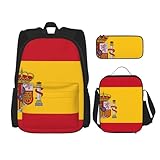 WURTON Trendige Rucksacktaschen mit spanischer Flagge, Lunchbox und Federmäppchen, 3-in-1, verstellbares Rucksack-Set, Schwarz , Einheitsgröße