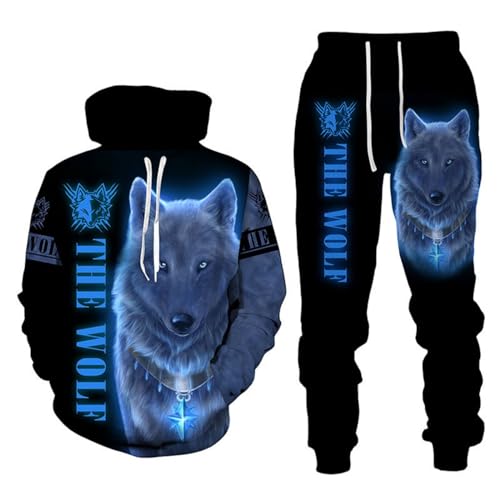 RIAAJ 3D wolf Jogginganzug Herren Jogging Sportanzug Fitness Sporthose Hose Hoodie Herren Trainingsanzug Zweiteiliges Set Freizeitanzug mit Löwen Tigermuster Sportsw (A10,S)