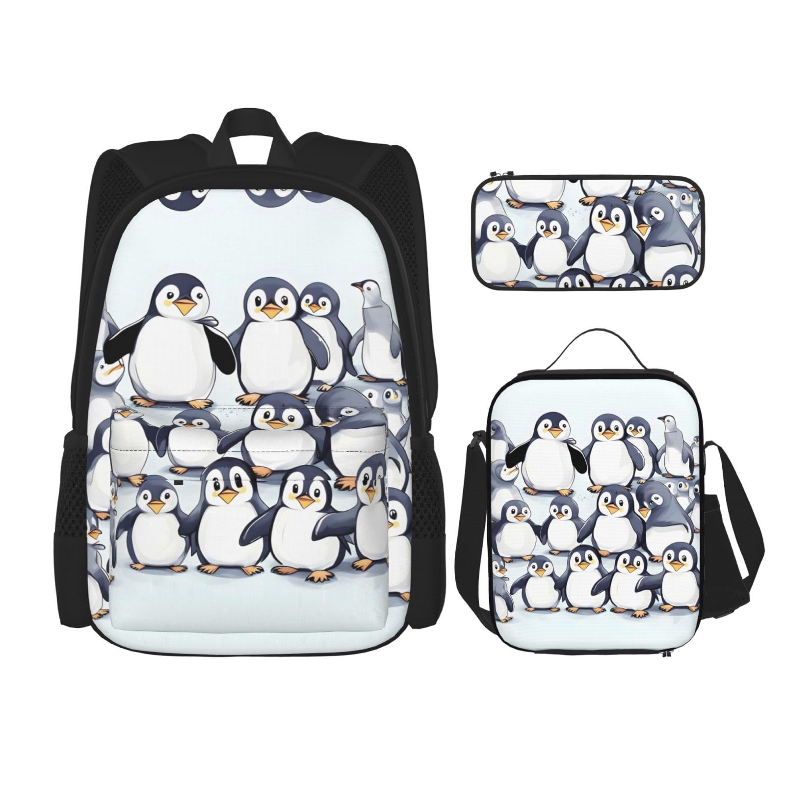 WURTON Many Cute Baby Penguins Sketch Print Travel Lunch Box Pencil Case Backpack Set 3 Pieces Adjustable Straps Lightweight, Black, One Size, Schwarz, One Size