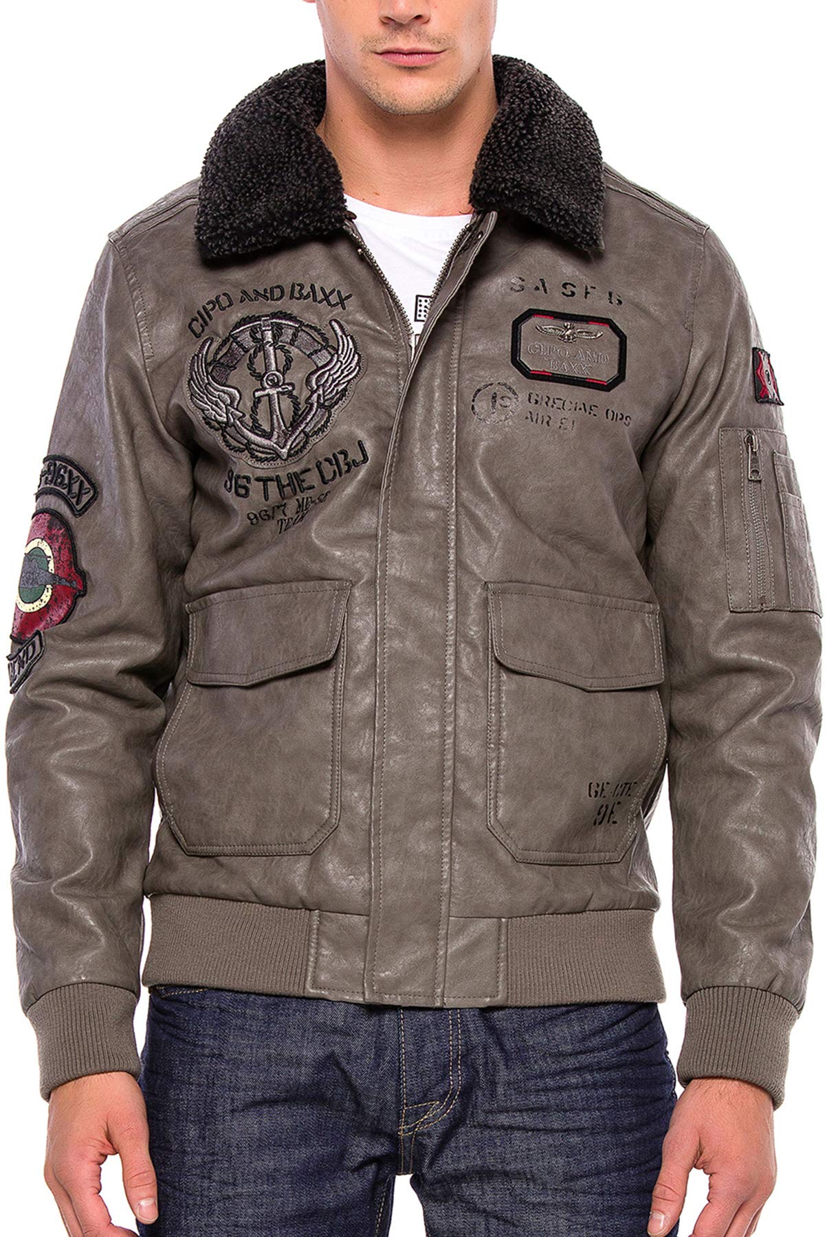 Cipo & Baxx Herren Outdoorjacke Kunstleder Bomberjacke Übergangsjacke Kunstfellkragen Jacket Beige XXL