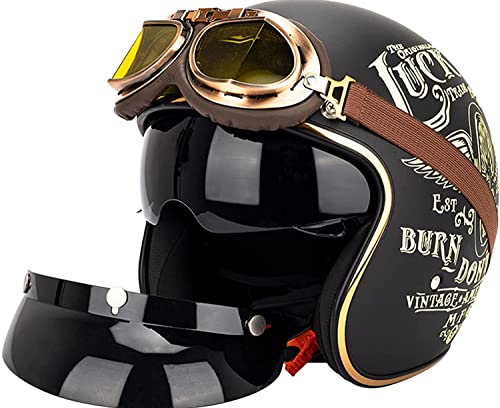 WRMIGN 3/4 Unisex Retro Open Face Motorradhelme Vintage Chopper Helm mit Sonnenblende Motorrad Roller Mofa Jethelm Pilot Vespa Cruiser Helm ECE Zertifiziert