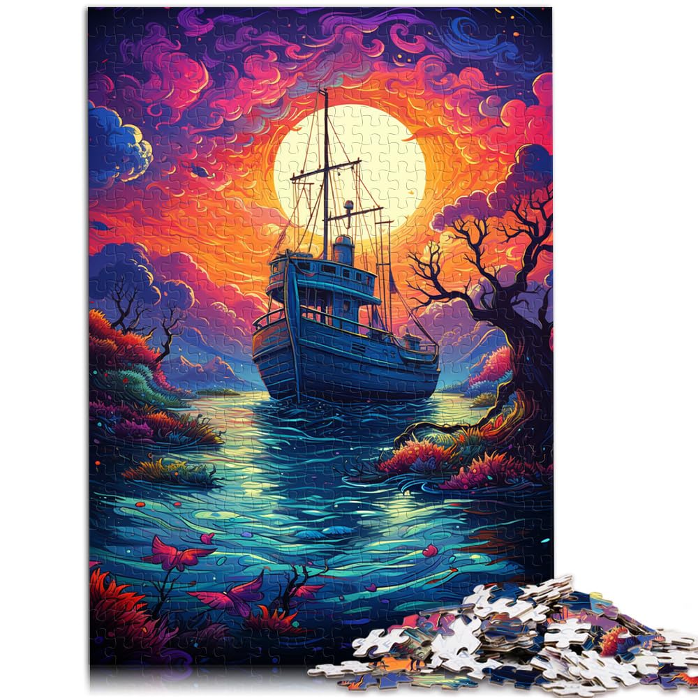 Puzzle für farbenfrohes, psychedelisches Boot auf dem Meer, 1000-teiliges Puzzle für Erwachsene, Holzpuzzle, Familienspaß, Puzzle 1000 Teile (50 x 75 cm)