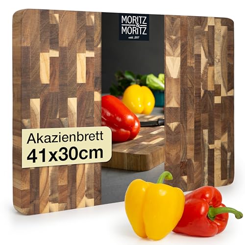 Moritz & Moritz Schneidebrett Holz Groß - 41x30x3cm - Antibakterielles Akazie Holzbrett Küche - Zum Schneiden von Brot, Gemüse, Obst, Fleisch und Käse