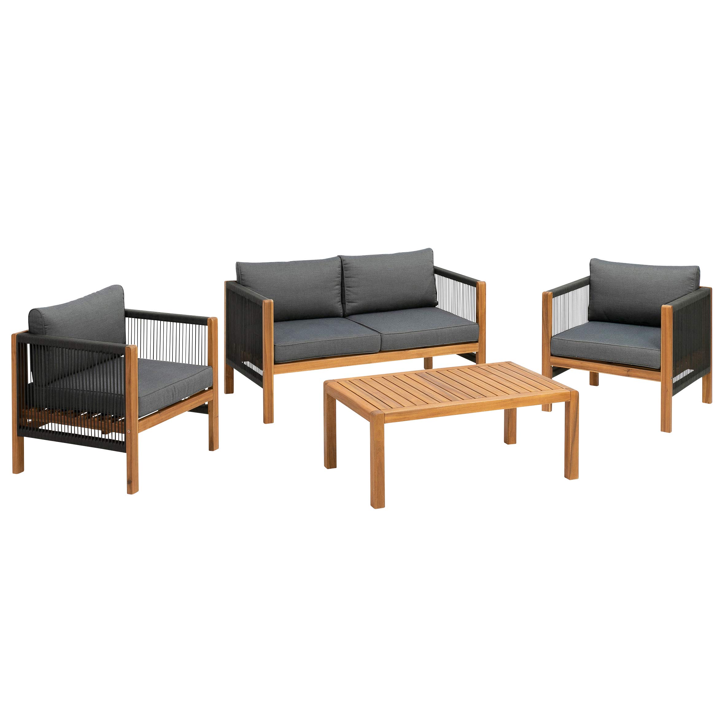 greemotion Lounge-Set Abaco, Gartenmöbel-Set mit Kissen, Akazienholz FSC 100 %, Mittel, Grau / Schwarz / Holzfarben