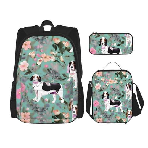 WURTON Sweet Basset Hound Florals Print Lunchbox Federmäppchen Rucksack Set 3 Stück Verstellbare Träger Langlebig Leicht Schwarz Einheitsgröße, Schwarz , Einheitsgröße