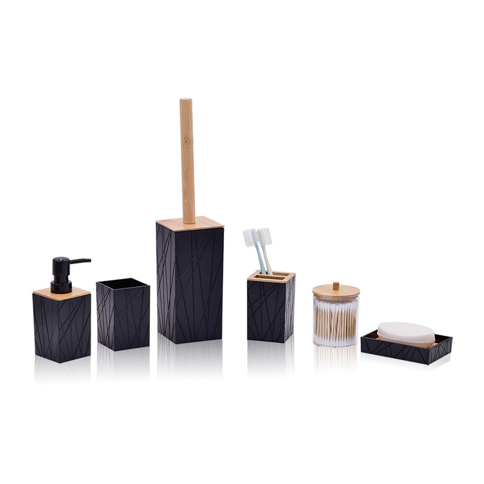 AMEEDA Badezimmer Set Badezimmer-Zubehör-Set aus Kunststoff, Toilettenbürste, Seifenspender, Mundwasserbecher, Zahnbürstenhalter, Seifenschale, Wattestäbchen-Box Badezimmer Set Akazie(T229-6 Black)