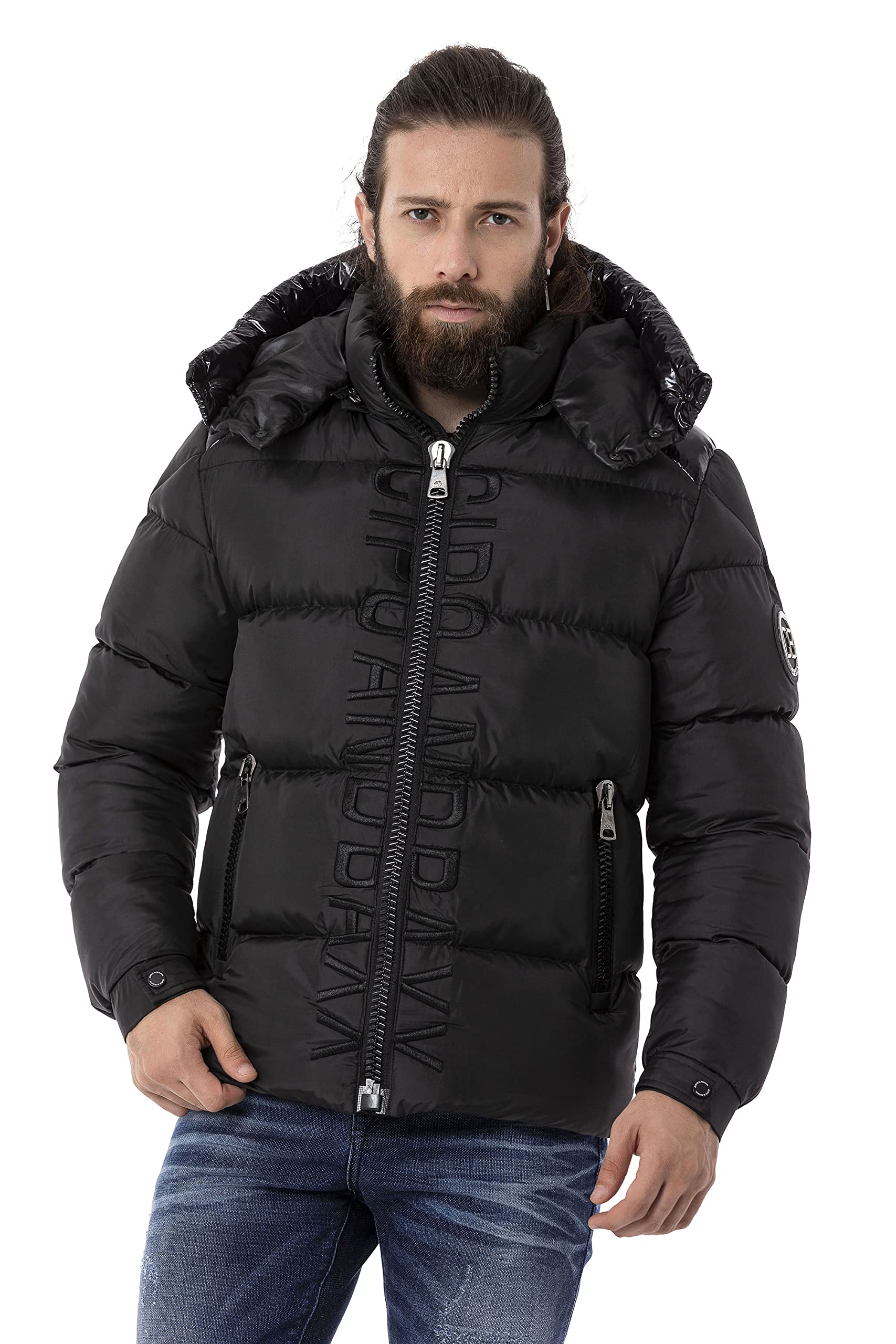 Cipo & Baxx Herren Steppjacke Winterjacke Kapuze Hoher Kragen CM201 Schwarz L