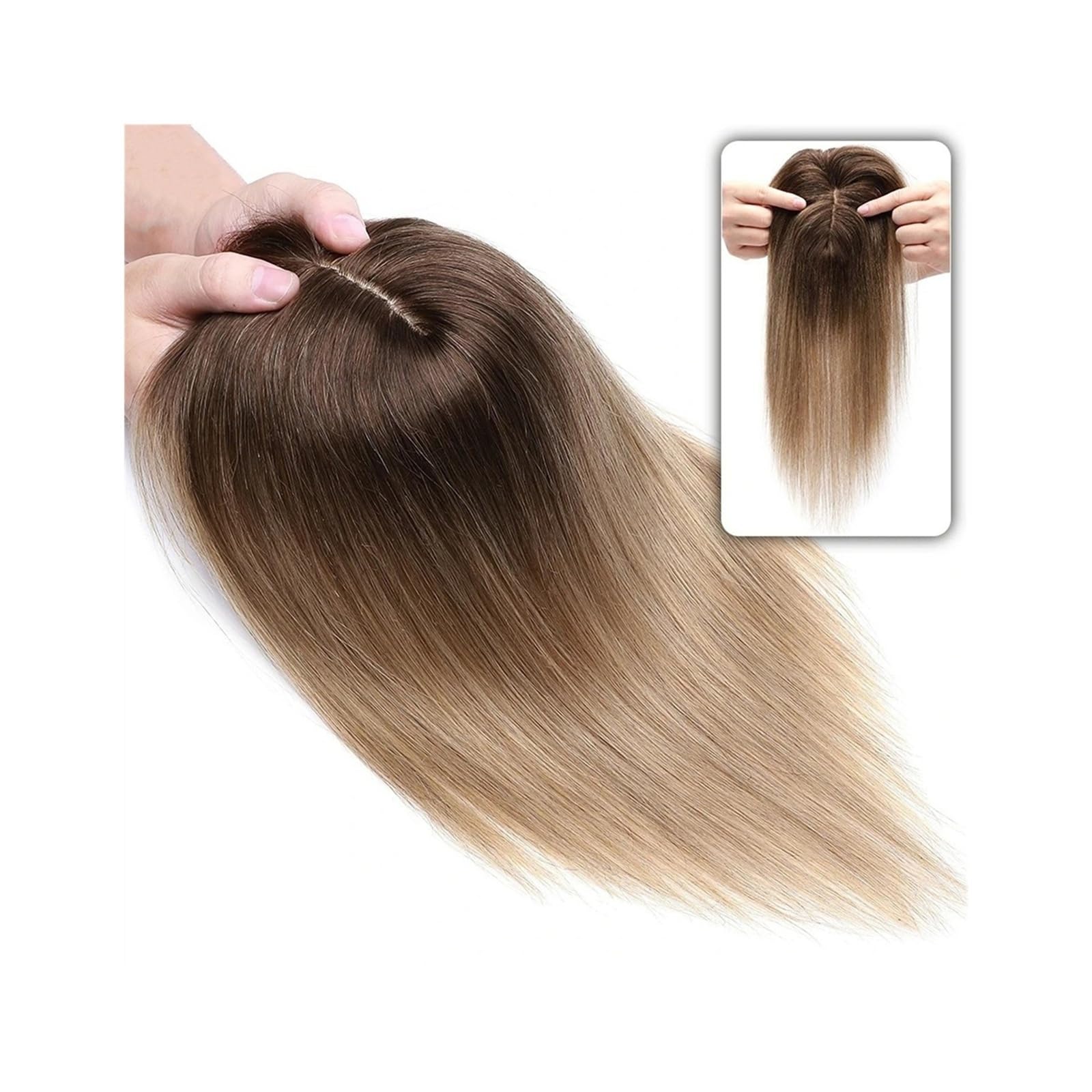 Haartopper für Frauen 6"-18" glattes Echthaar-Topper-Haarteil mit Pony, 7 * 12,5 cm Haar-Topper auf Seidenbasis for Frauen mit schütterem Haar oder Haarausfall, 3-fach einsteckbar Haarteil Topper Toup