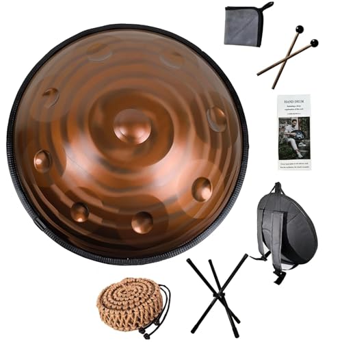 22-Zoll-Stahl-Handtrommel, 9/10/12 Noten Handpan-Drum-Instrument, D Moll Stahl Musik Handpan Drum Percussion Instrument mit Handpan Tasche, Trommelstöcken, Trommelstativ und Reinigungstuch