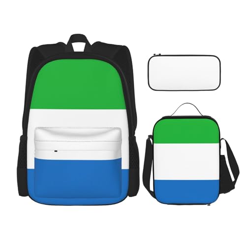 WURTON Sierra Leone Flaggen-Druck, 3-in-1-Sets, lässig, verstellbar, Schulter-Rucksack, Lunch-Tasche, Federmäppchen, Beutelbox, Schwarz, Einheitsgröße