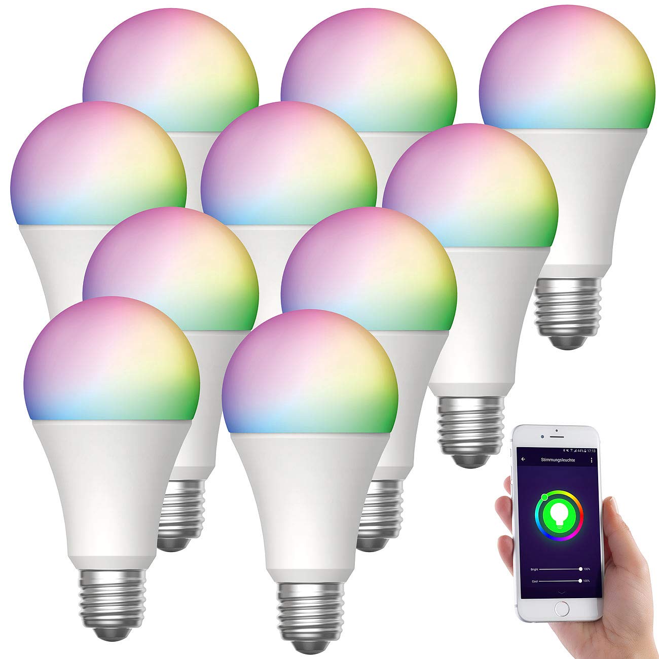 Luminea Home Control WiFi LED: 10er-Set WLAN-LED-Lampen, E27, RGB-CCT, 9W (ersetzt 75W), F, 80lm, App (Energiesparlampe dimmbar, WLAN Glühbirne Alexa, Leuchtmittel kaltweiß)