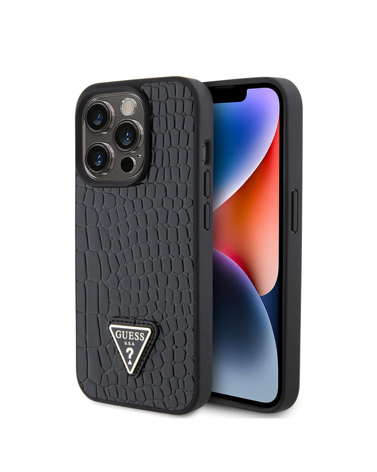 CG MOBILE Cellular Handyhülle für iPhone 15 Pro 15.5 cm Schwarz Leder Stoßdämpfend mit Croco Triangle Metal Logo