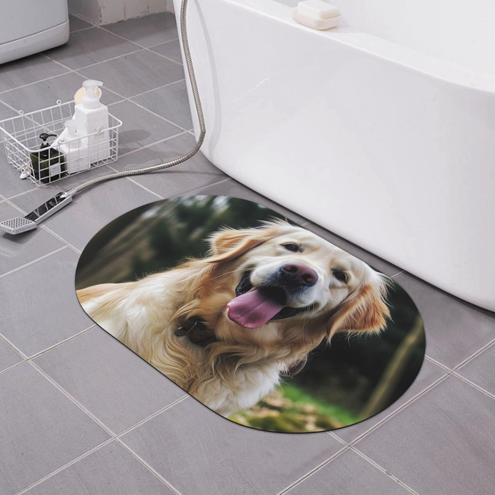 CSGJMYGS Funny Golden Retriever Kieselgur Badematte, weiche Badewannenmatte, rutschfest, super saugfähig, Badezimmer-Bodenmatte, schnell trocknend, Kieselgur Badematten für Badezimmer, 60 x 40 cm