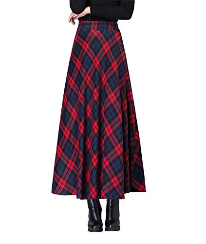 Damen Lang Rock Winter Warm Wollrock Vintage Elegante Gitter Rock Casual Winterrock Elastische Taille A-Linie Midi Rock Hohe Taille Rock Faltenrock Rot-L