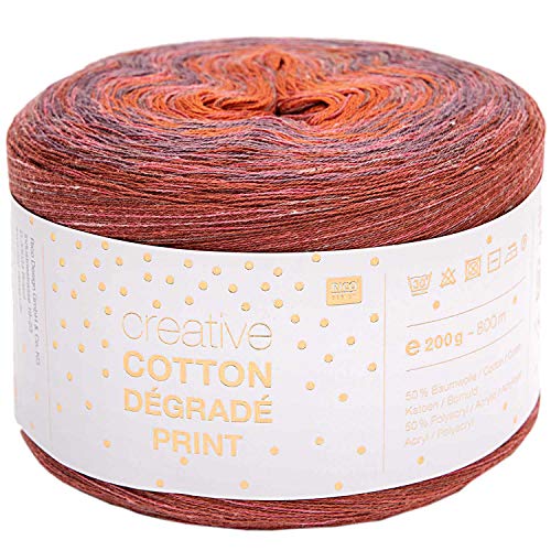 Rico Design Creative Cotton Degrade Print, Farbe 004 Rot-Orange, 200 Gramm, mit Strickanleitung für EIN Dreieckstuch