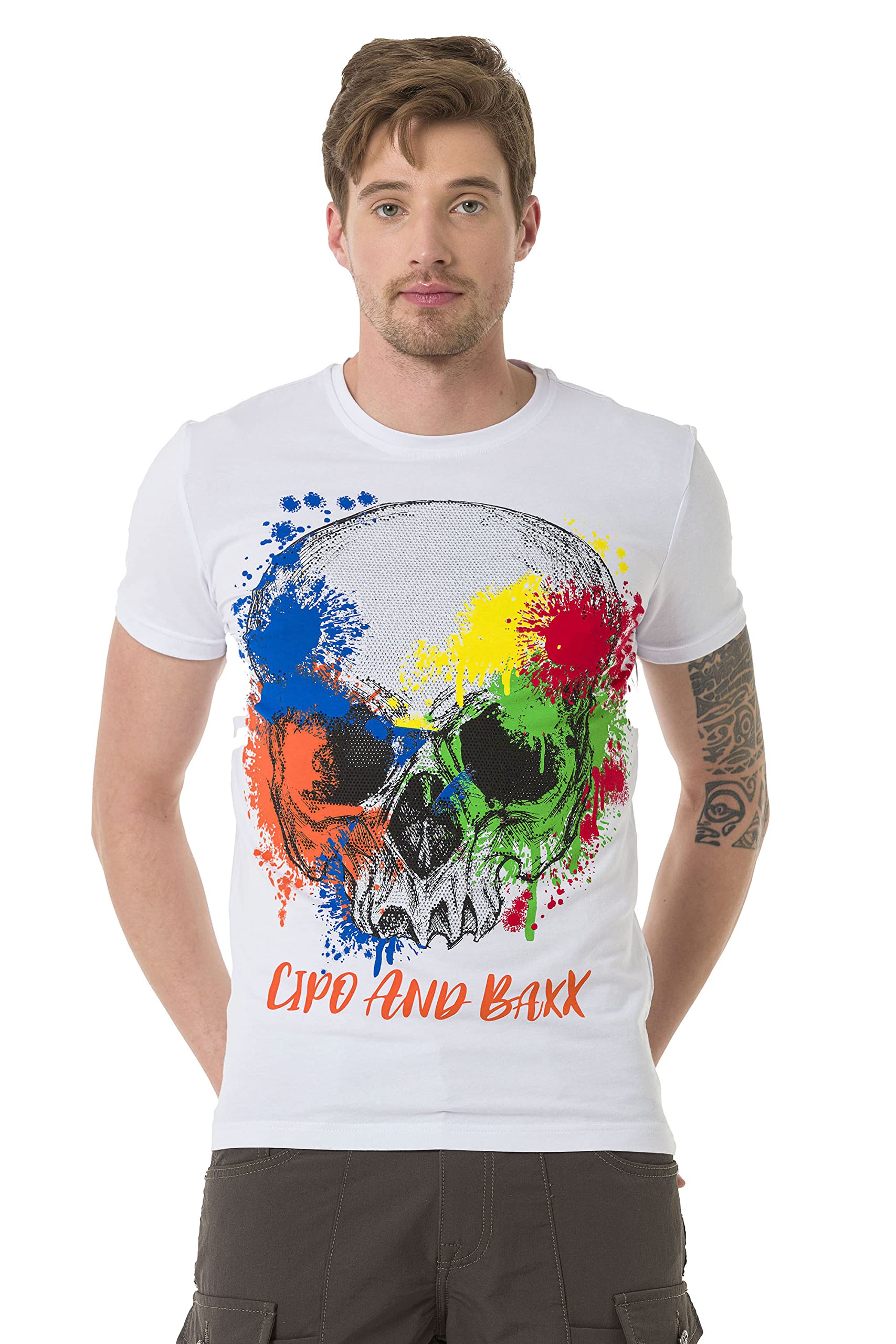 Cipo & Baxx Herren Kurzarm T-Shirt Sommer Totenkopf Print Strasssteine Rundhals Regular Fit CT672 Weiß M