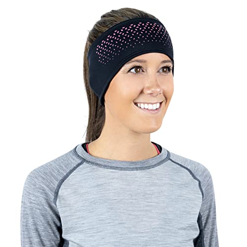 TrailHeads Tempo Stirnband Herren Sport - Lauf Stirnband Damen Winter | Ohrenschützer | Feuchtigkeitsregulierendes Stirnband - Schwarz / Pink reflektierend