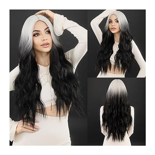 Perücken Ombre-Perücke, schwarz, weiß, gewelltes Haar, for Damen, Cosplay, Alltag, Party, synthetischer natürlicher Mittelteil, lockige Perücke, Lolita, hitzebeständig Damenperücke