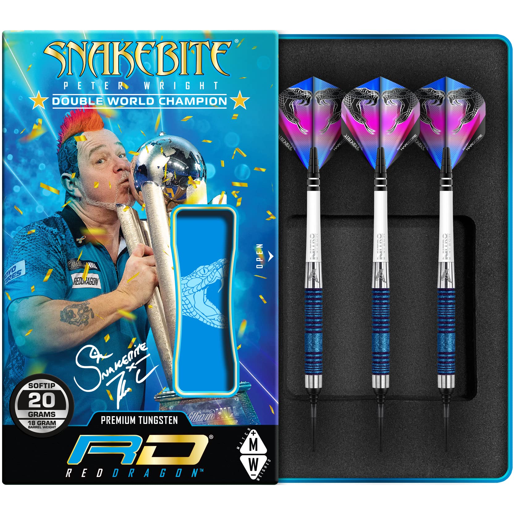 RED DRAGON Snakebite Euro 11 blau Element WM-Sonderedition 20g Wolfram Darts Set mit Flights und Schäfte