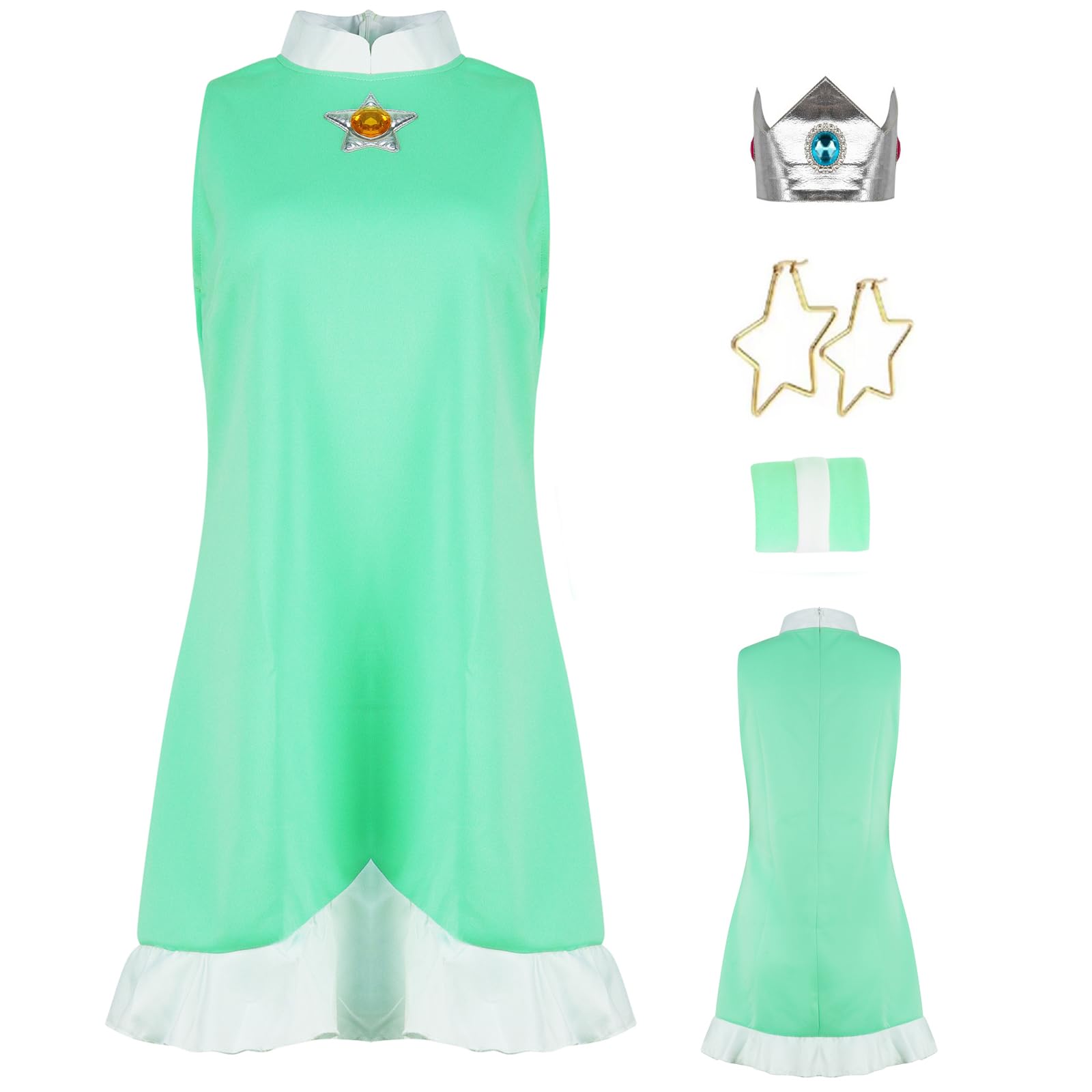 AYYOHON Prinzessin Pfirsich Cosplay Kostüm Damen Prinzessin Daisy Rosalina Tenniskleid mit Krone Ohrringe Erwachsene Halloween Anzug XS